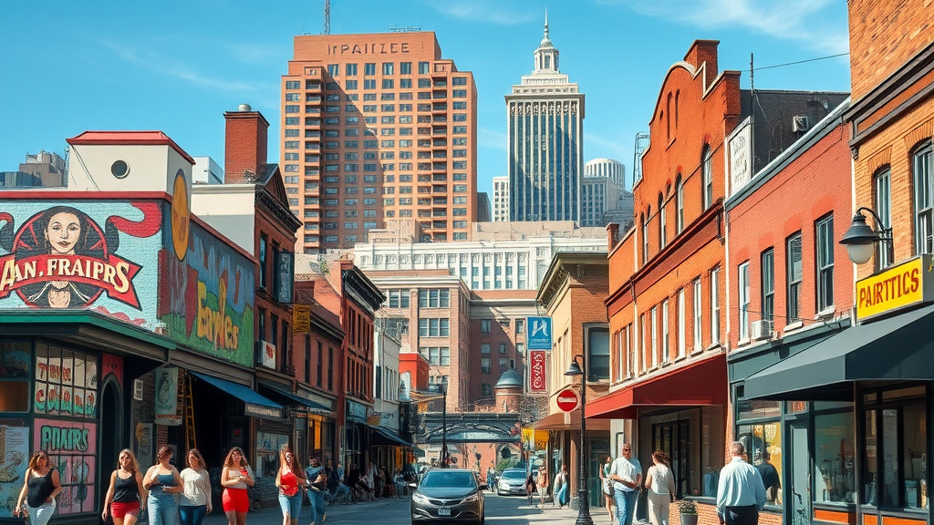 Vibrant urban arts district skyline Charlotte with contemporary and historic buildings, mural-lined streets and vivid street art, bustling atmosphere