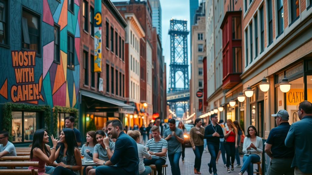 Lively street in South End, modern buildings, murals, young professionals socializing, charlotte neighborhood reviews, south end