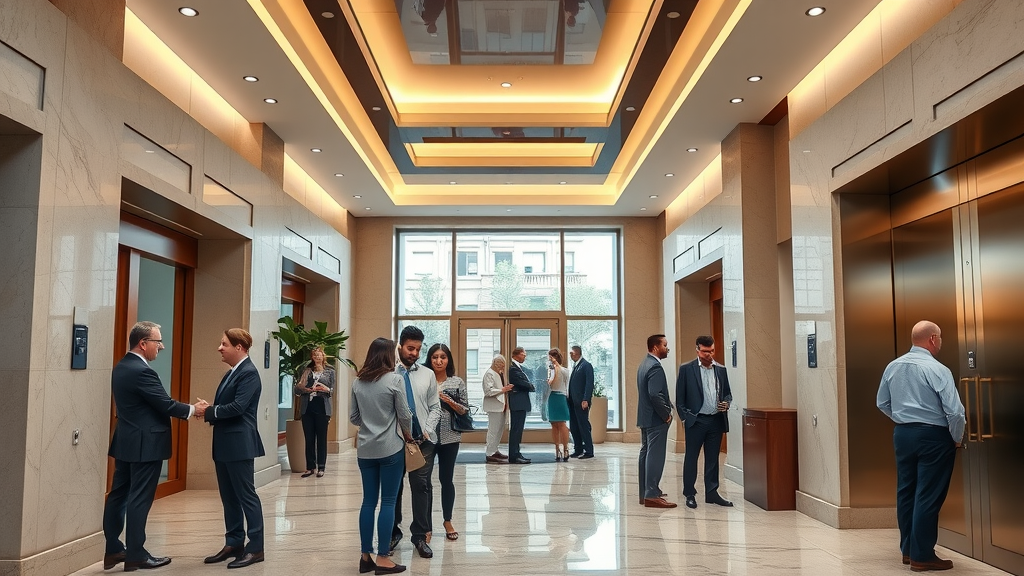 Modern luxury condominium lobby in Charlotte’s financial district, sophisticated atmosphere, residents and visitors conversing. Financial district real estate charlotte.