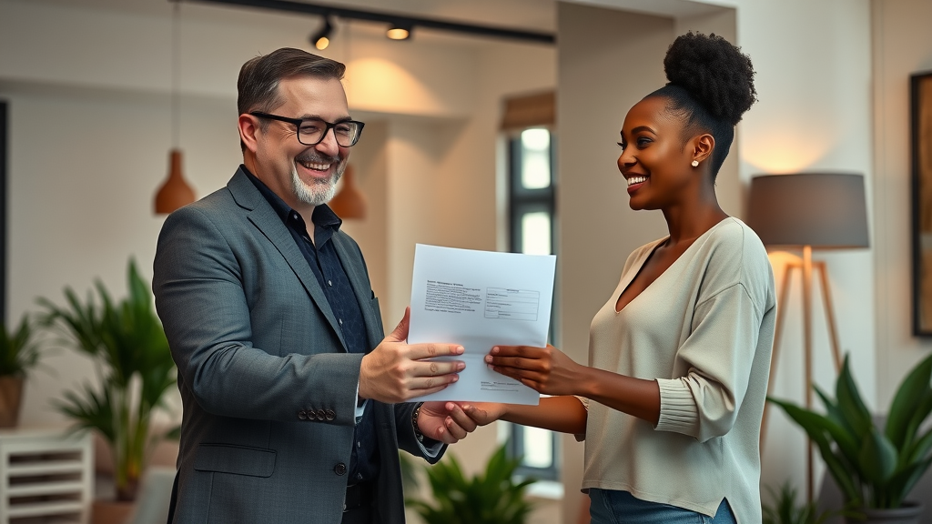 property manager handing lease to couple in stylish short term rentals charlotte apartment handshake