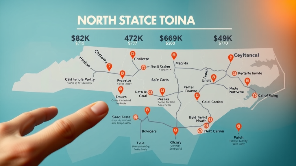 Infographic map of North Carolina highlighting Charlotte and rent price comparisons among major cities, apartment rent focus