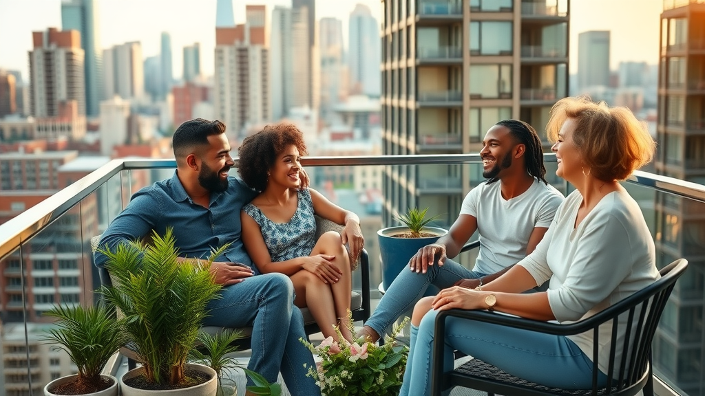 friendly diverse family relaxing on balcony of Charlotte apartment, Charlotte rental market, city views, quality of life