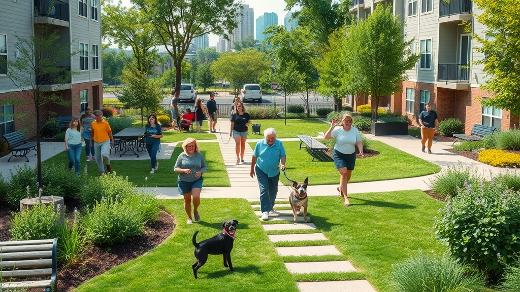 Peaceful communal green space in Charlotte apartment complex, residents with dogs, gardens, city skyline, apartments in charlotte nc, photorealistic
