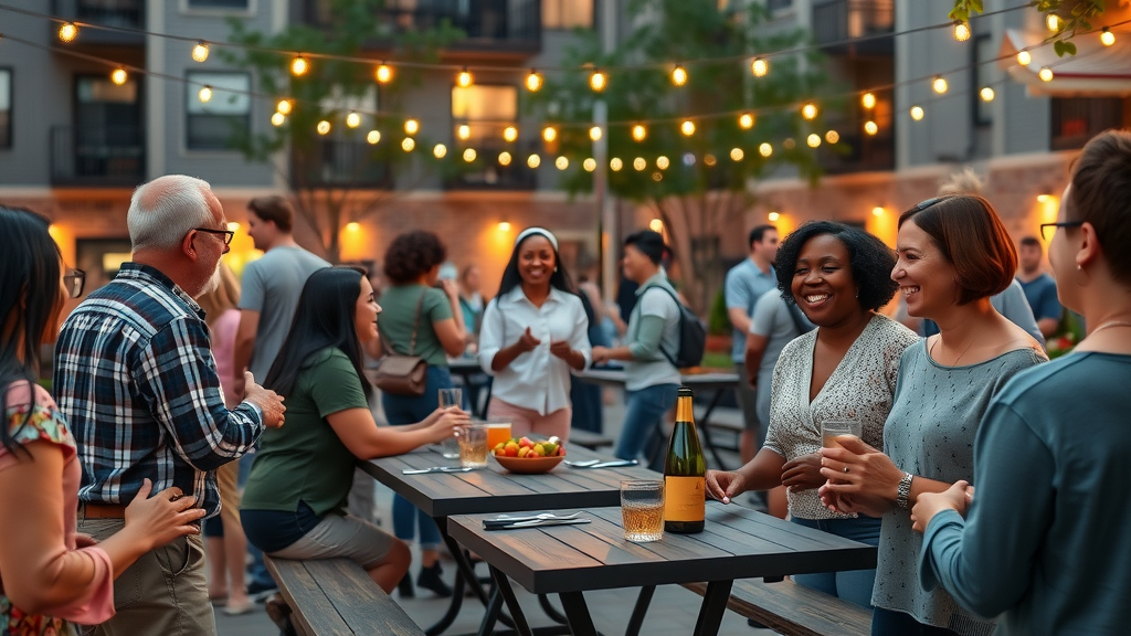 Community event at a Charlotte urban apartment complex; diverse residents; socializing at outdoor gathering; charlotte urban apartments for rent; community amenities