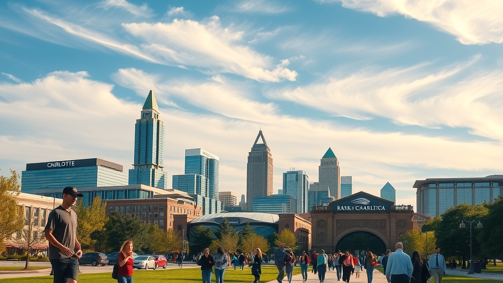 moving to charlotte nc vibrant cityscape and welcoming people with Bank of America Stadium skyline