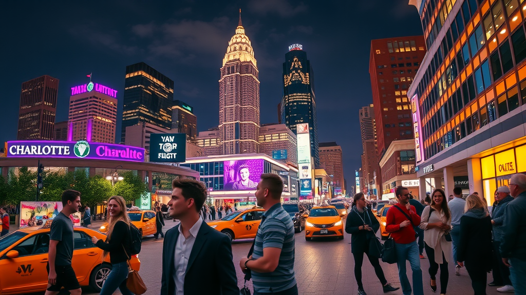 panoramic night view of Uptown Charlotte with visitors exploring illuminated city streets