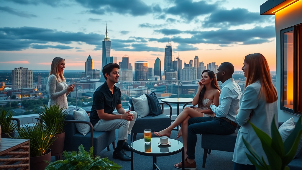 modern luxury NoDa apartment rooftop with renters enjoying Charlotte skyline