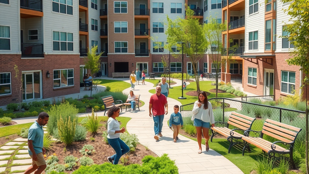 modern apartment complex in Charlotte with welcoming residents and lush outdoor amenities, apartments for rent in North Carolina