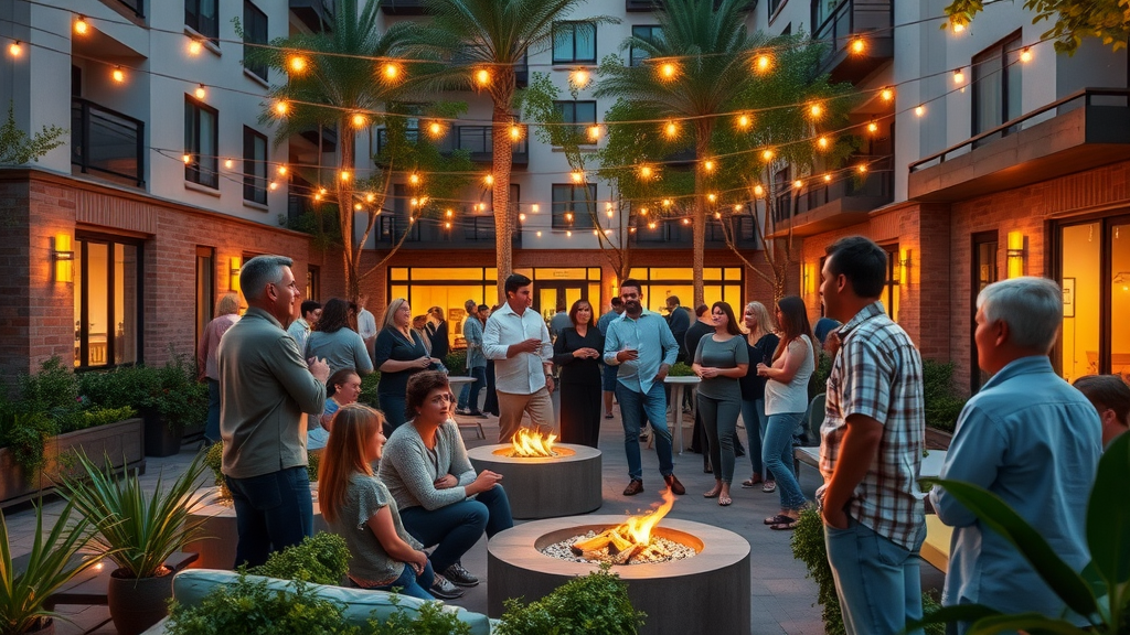 Community event in a modern luxury apartment courtyard in Charlotte, with residents socializing under festive lights and enjoying upscale lounge areas