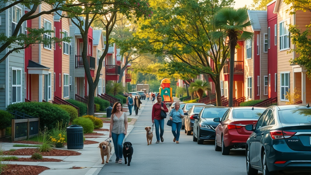 lively residential street in east Charlotte, colorful low-rise apartment buildings, families and couples walking pets, Cinematic, background with tree-lined sidewalks and small playground, highly detailed, cars parked neatly, vivid greenery, soft sunset glow, shot with a 50mm lens