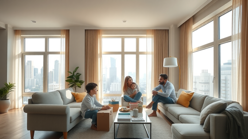 Sleek open-concept apartment interior, family unpacking, floor plan, sunlight, apartments in charlotte nc, modern living, photorealistic