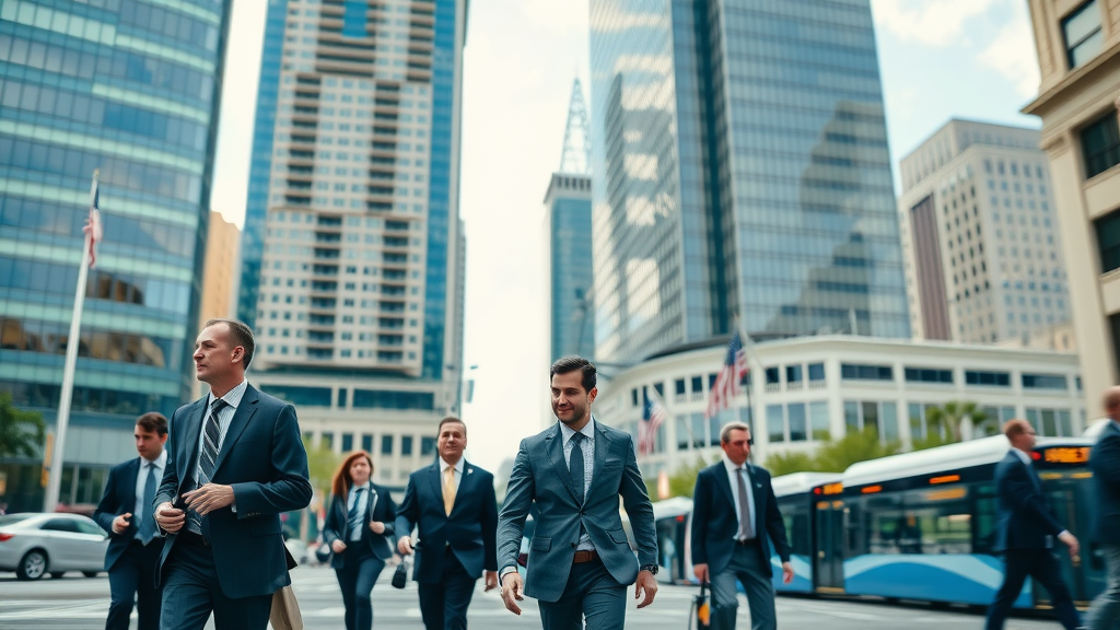 Charlotte NC job market modern office buildings - professionals walking - job market