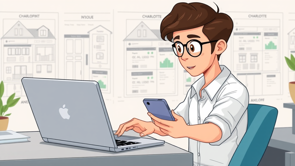 Young professional browsing rental listings for Charlotte area apartment for rent on laptop, apartment blueprints in background, digital icons for deals, searching floor plans