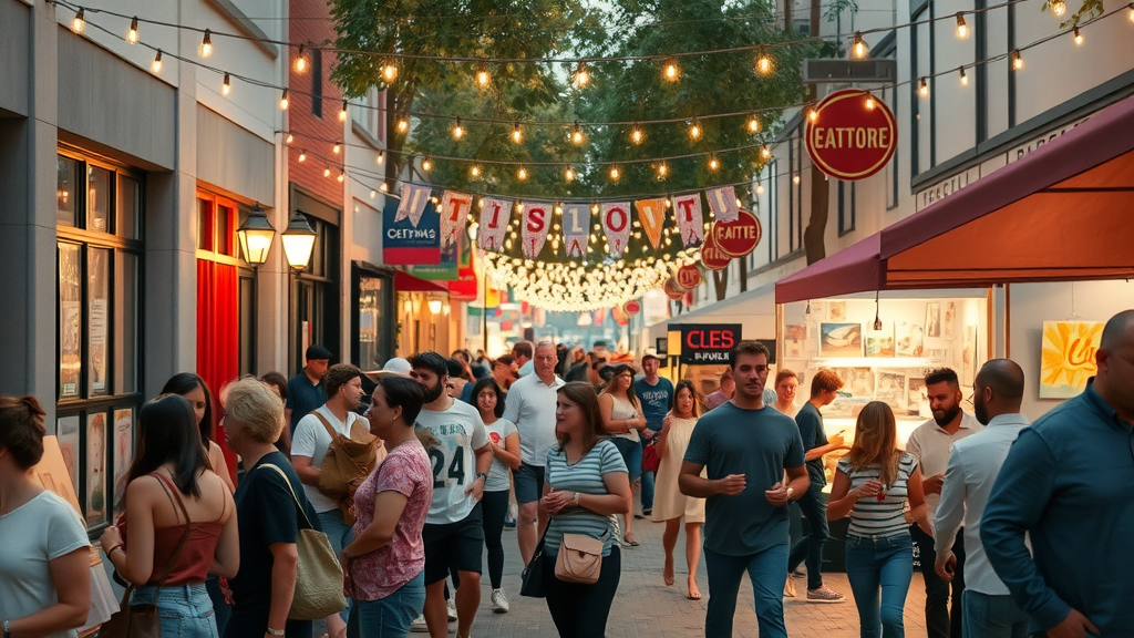 Festive South End Charlotte art walk scene outside local galleries with artists, string lights, vendor tents and lively community, capturing the essence of events near Charlotte apartments by galleries.