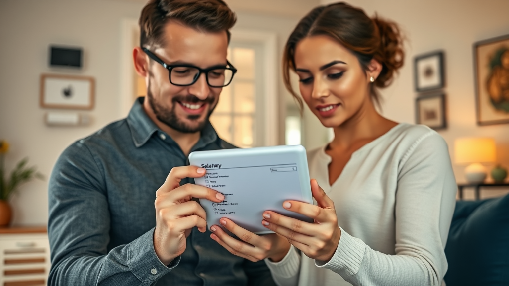 Agent and homebuyer reviewing safety checklist on tablet, home interior with visible safety devices, focus on ensuring charlotte real estate safety
