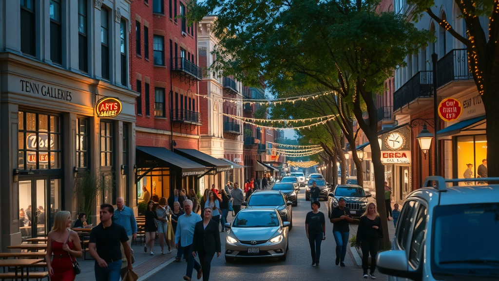 Historic arts district Charlotte street with trendy galleries, lively restaurants, string lights, evening activity