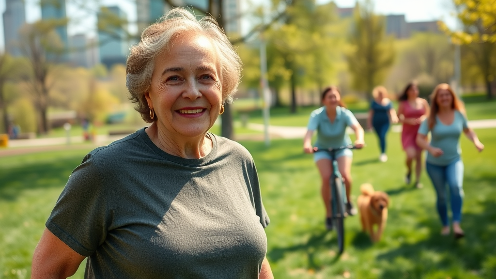 charlotte community guide: Motivated resident joining a group outing in a lush urban park, springtime colors, group walking and cycling