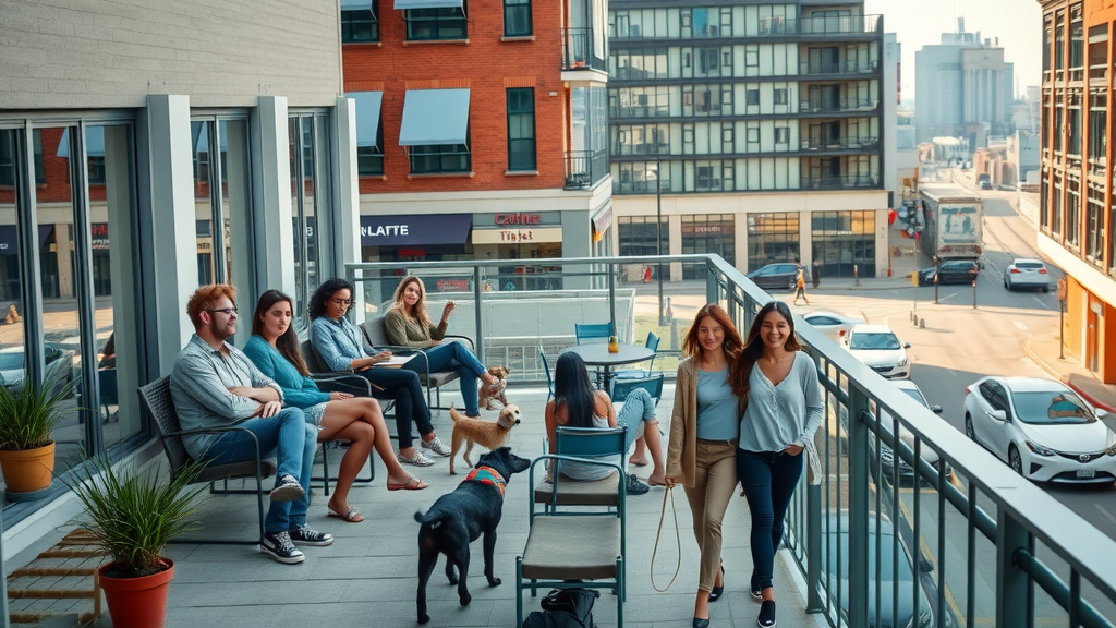 Modern apartment neighborhood in Charlotte with shops and young residents