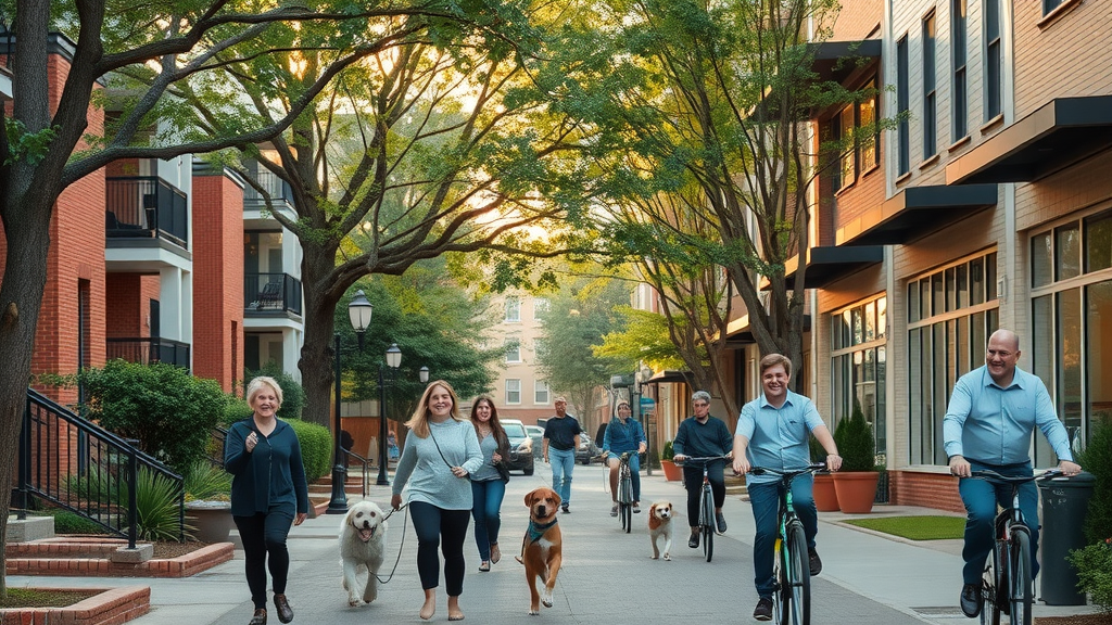 modern neighborhood street in Charlotte NC, apartments for rent, friendly residents, photorealistic