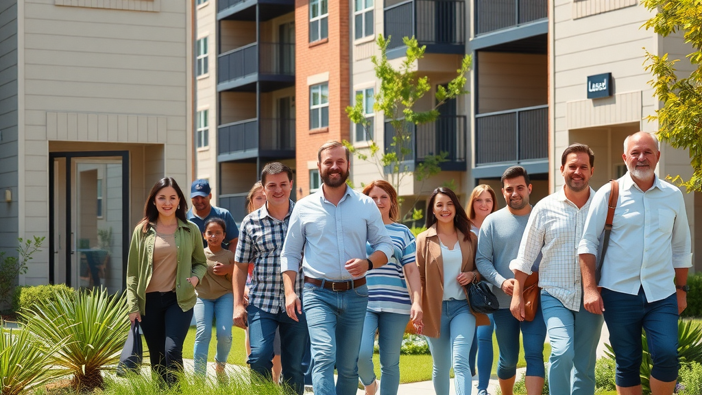 Modern Charlotte apartment complex, diverse residents entering and exiting, reflecting current rent in Charlotte trends