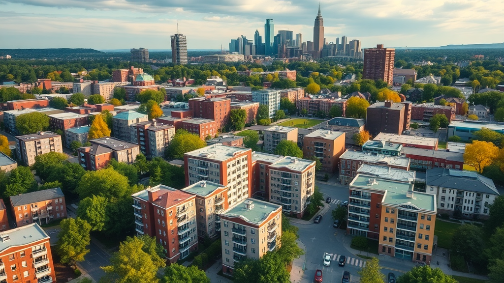 vibrant aerial view of Charlotte, North Carolina, diverse apartment complexes in the foreground, bustling city energy, Photorealistic High Fidelity Lifelike, background with Charlotte uptown skyline and leafy neighborhoods, highly detailed, cars and people moving through the scene, 4K resolution, rich colors, soft ambient daylight, shot with a wide-angle lens