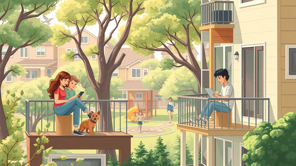 cozy affordable Charlotte NC apartment exterior, families and singles relaxing on balconies, tree-filled suburban neighborhood with pet walkers and playground, apartments for rent in Charlotte NC.