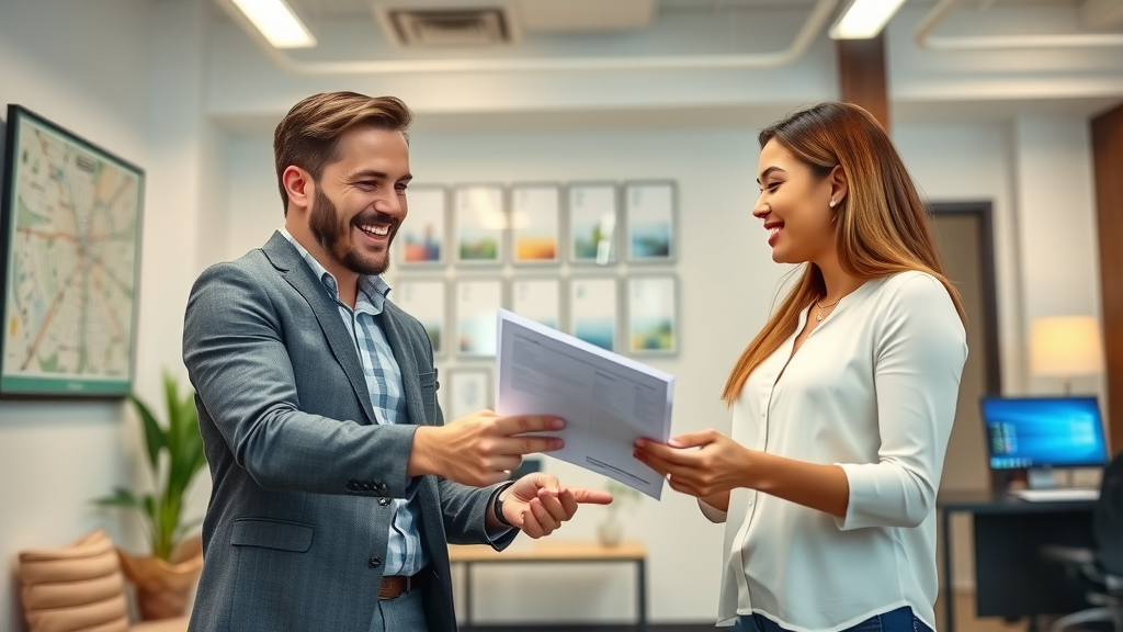 happy couple reviewing lease agreements with leasing agent in modern office - charlotte apartments for rent