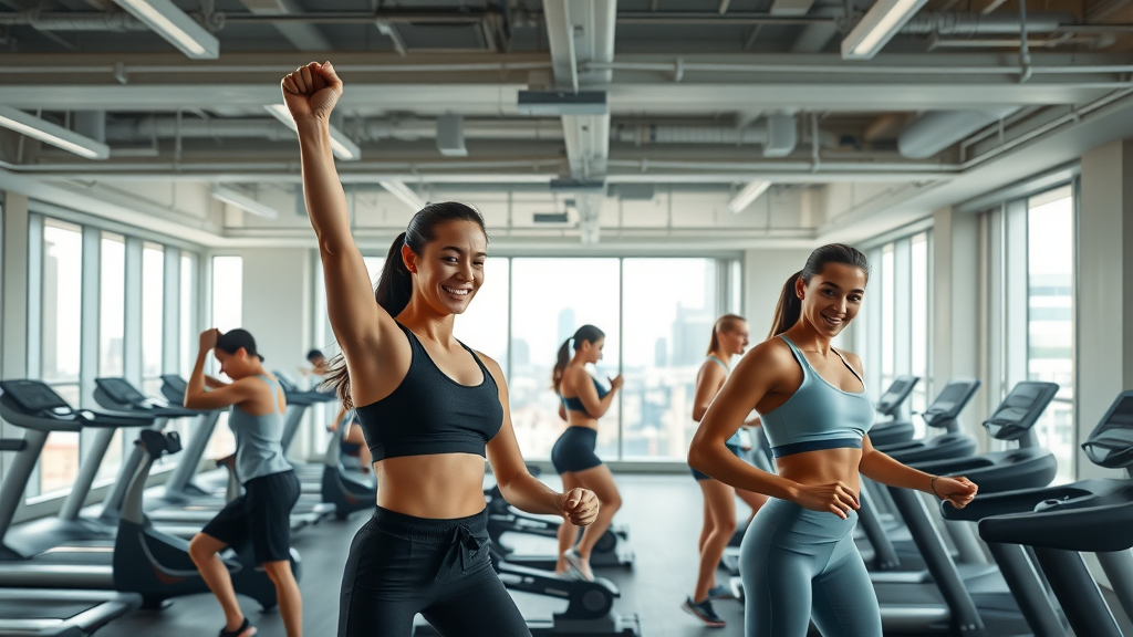 Spacious apartment fitness center in Charlotte NC with young adults working out, apartments with amenities Charlotte NC