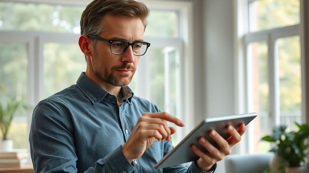 insightful real estate analyst, reviewing housing market data on tablet, charlotte real estate, modern home interior with charlotte greenery, digital graphs
