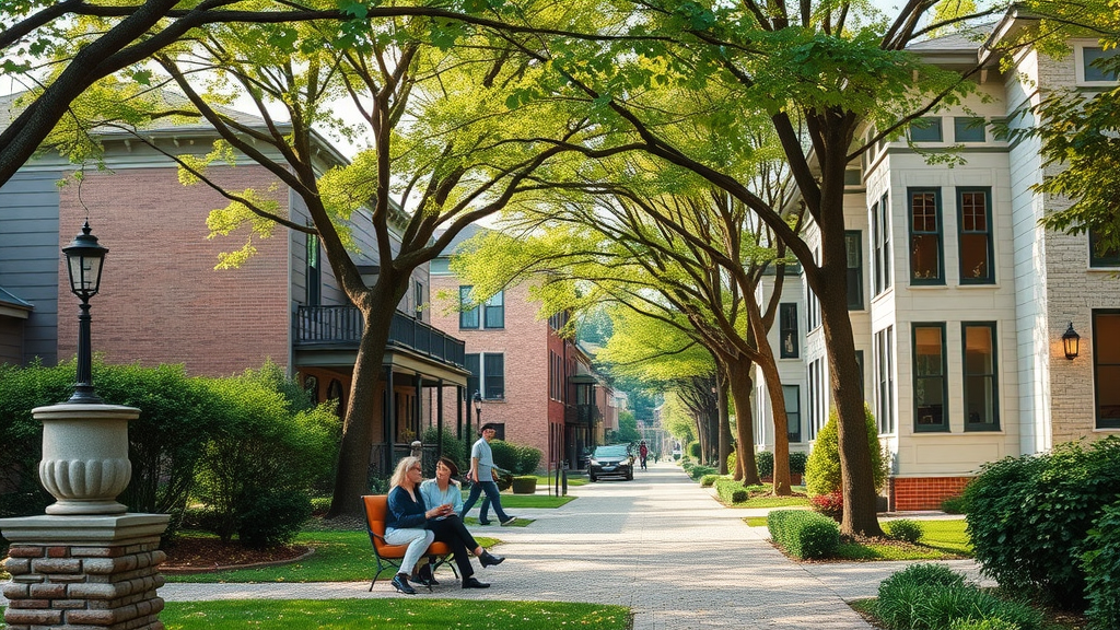 Picturesque Dilworth street, bungalows next to modern apartments, families in green parks, lush trees, soft daylight, blooming flowers.