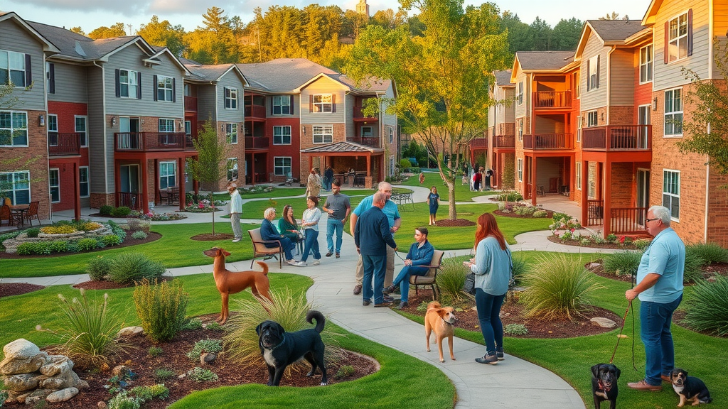picturesque apartment community, friendly atmosphere, neighbors socializing outdoors, landscaped gardens and walking trails, highly detailed, pets and people interacting in common spaces