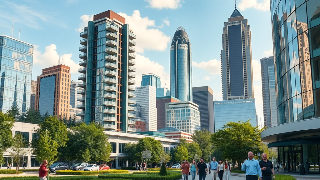 Vibrant cityscape of Charlotte with modern luxury apartments Charlotte NC in the foreground, bustling urban atmosphere and uptown skyline