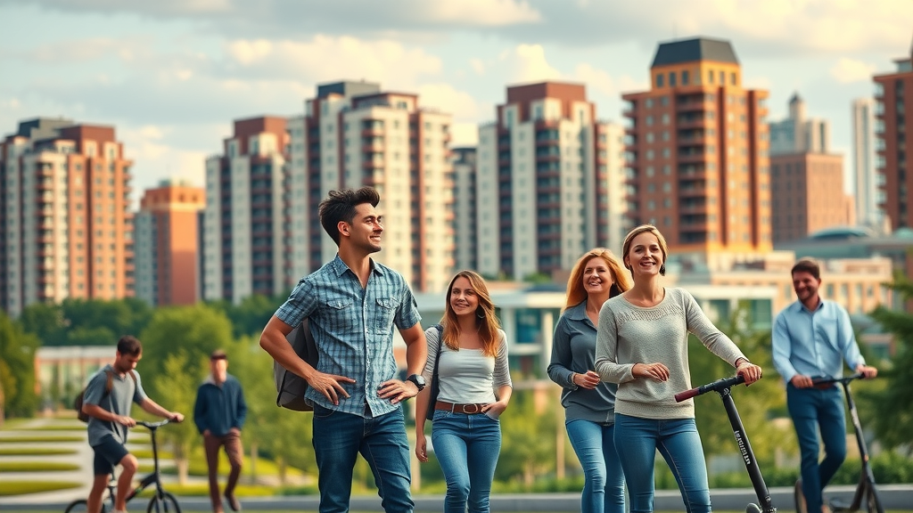 Vibrant apartment skyline with energetic residents in Charlotte’s South End, emphasizing Charlotte NC apartment leasing