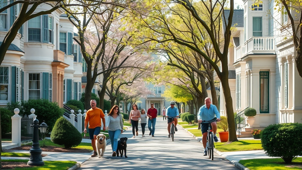 Charming upscale Charlotte NC neighborhood, families walking dogs and cycling amid stately homes and flowering trees
