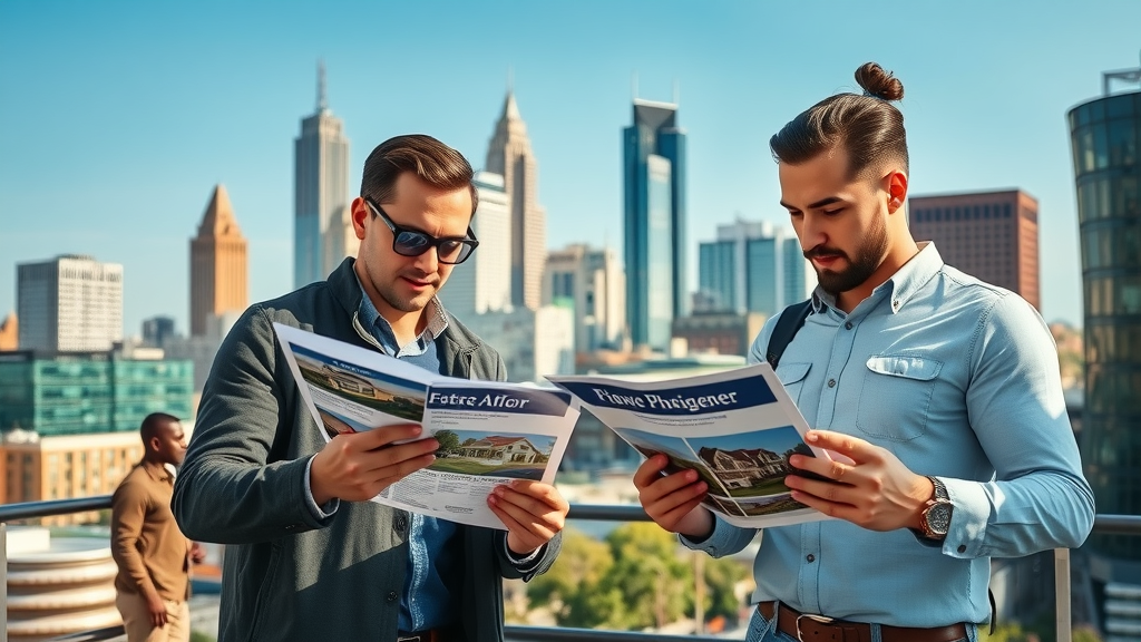dynamic cityscape of Charlotte, bustling atmosphere, homebuyers examining property listings, downtown Charlotte skyline with modern buildings, charlotte real estate, people engaging with real estate materials