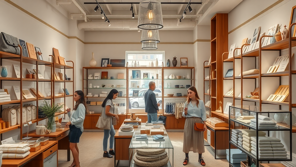 Elegant boutique in Charlotte, local shops, handcrafted goods, Queen City shopping, photorealistic, cozy interior, shoppers browsing