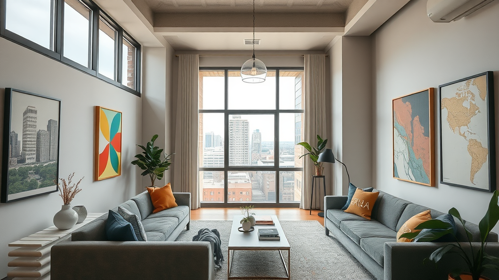 modern upscale apartment interior in Charlotte NoDa arts district with large windows, contemporary art on walls, and visible cityscape outside