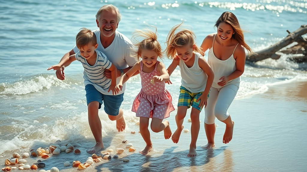 Energetic children and parents collecting seashells at Oak Island beach—ideal family vacation activity, sparkling ocean, driftwood, splashing water, and vivid natural colors in bright daylight