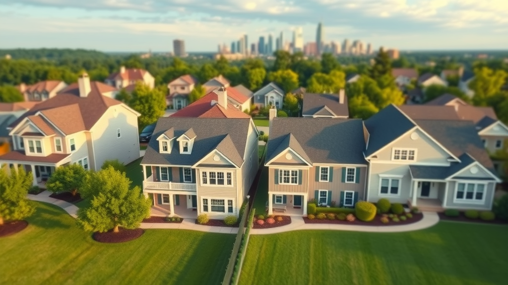 charlotte housing market - contrasting suburban homes, differences between Charlotte and North Carolina neighborhoods, city skyline, lush yards, detailed, afternoon sunlight