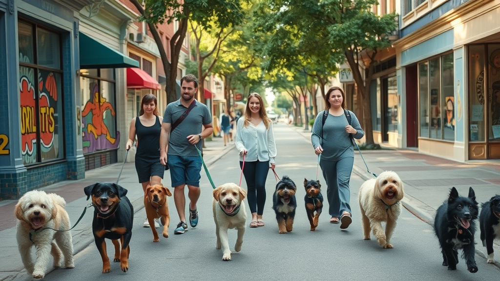 pet-friendly apartments Charlotte, diverse pet owners walking dogs in colorful urban Charlotte neighborhood, artsy shops, city murals, vibrant and lively morning
