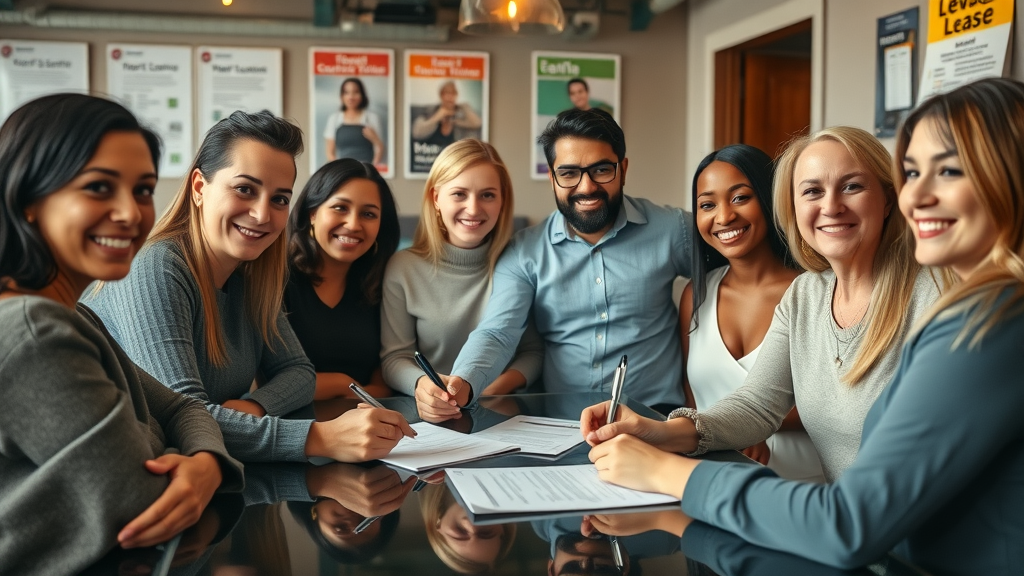 diverse tenants signing charlotte nc residential lease with property manager in clubhouse