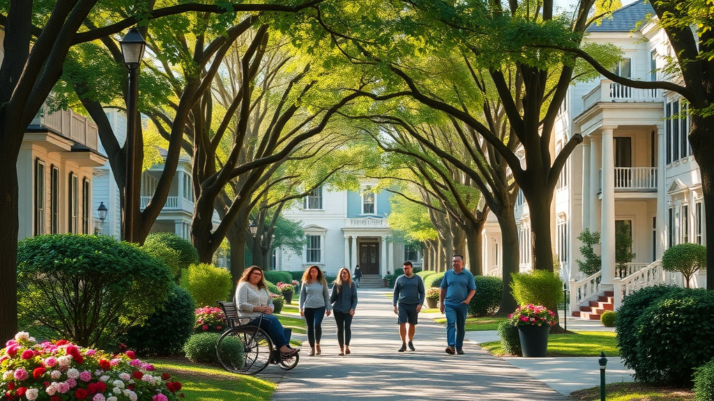 charming Myers Park residential street, top residential areas charlotte, historic houses, tree-lined avenue, families strolling
