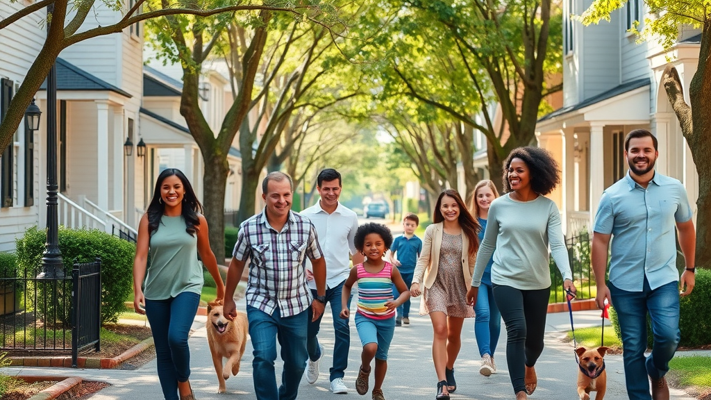 Vibrant Charlotte neighborhood street with smiling diverse families, children playing, families walking dogs in family-friendly neighborhoods Charlotte. Tree-lined streets, charming houses, and spring blossoms under natural daylight.