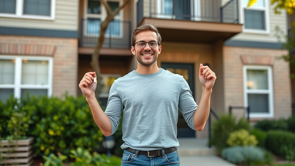 Happy renter in front of affordable rental Charlotte apartment with keys