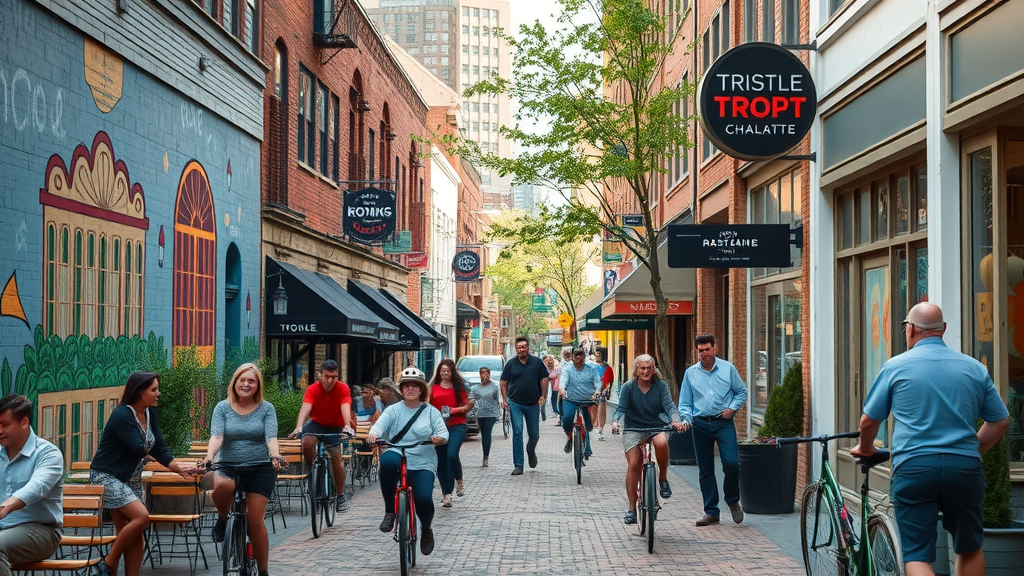 artsy main street in NoDa Charlotte with cyclists, pedestrians, outdoor cafes, and colorful gallery storefronts