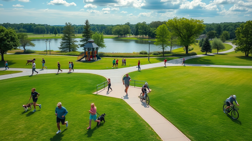 Outdoor activities and green spaces in Charlotte NC, people running and cycling, family-friendly parks