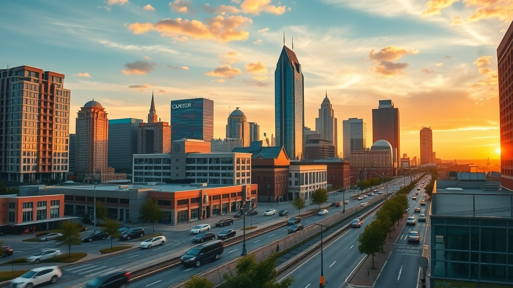 Dynamic cityscape of Charlotte North Carolina rent prices, new apartment skyline at sunset