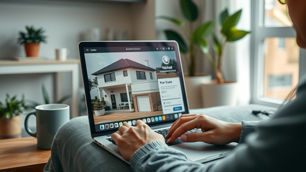 charlotte nc apartment listings person browsing real estate website, focused on laptop in cozy living room, soft morning light