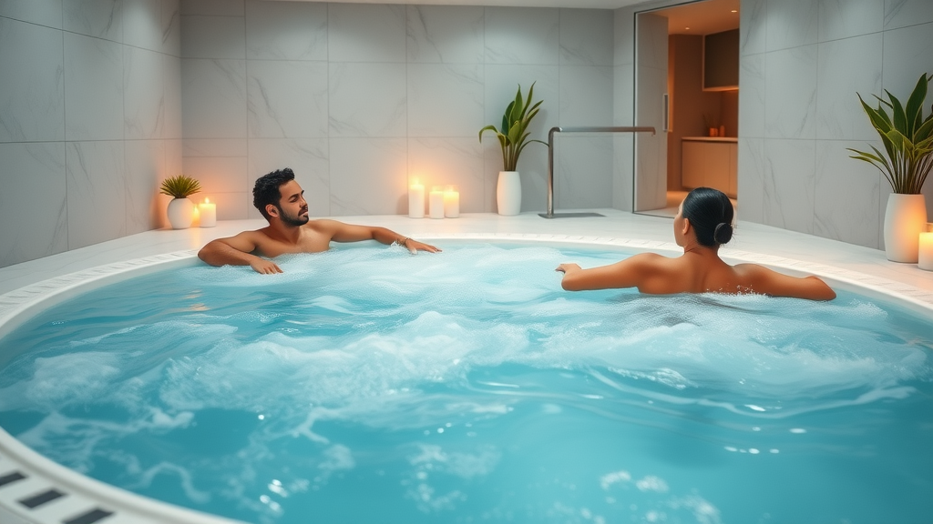 Modern indoor jacuzzi and steam room with residents relaxing in Charlotte luxury apartment