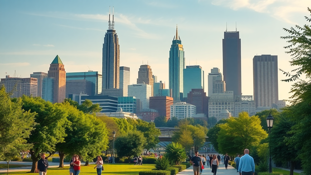 Charlotte apartment neighborhoods cityscape with skyline, parks, and vibrant urban life
